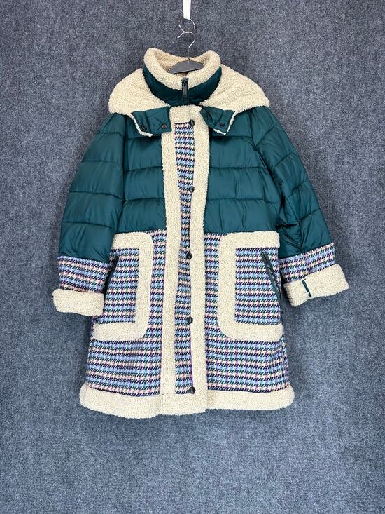 Sam Edelman Jackets & Blazers - Sam Edelman Puffer Coat Womens L Teal Houndstooth Sherpa Hood Long Winter
